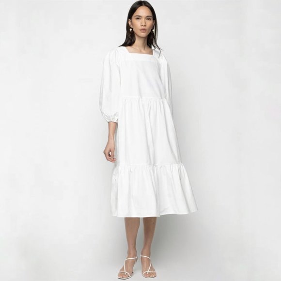 OAK + FORT Dresses & Skirts - OAK + FORT 6308 Puff Sleeve White Midi Dress Size XS